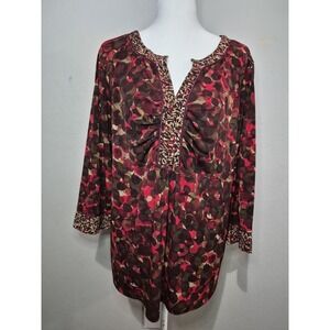 Susan Graver Mixed Media Print Top Sz L Multicolor Boho Pleated Chest Abstract